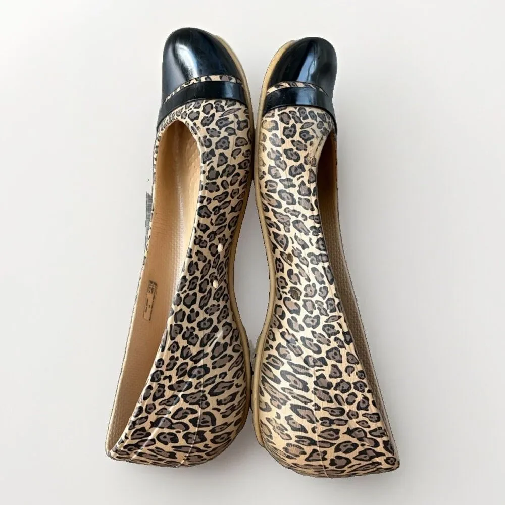 Crocs Cap Toe Leopard Print Ballet Flats Womens Size 8 Brown Black Slip On Shoes